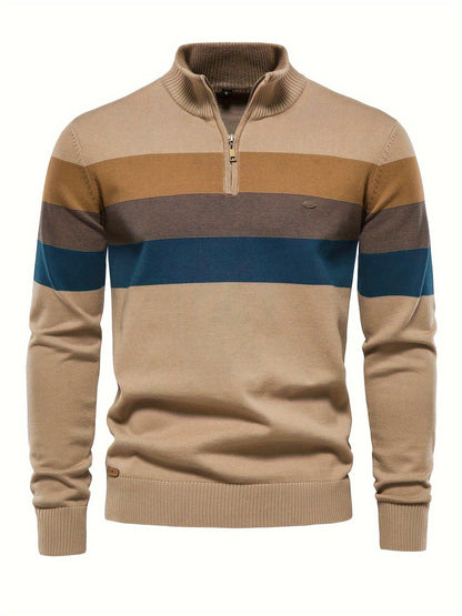 Men'S Thermal Stand Collar Sweater - Winter Knit Sweater with Zipper Closure, Black/Blue/Gray Horizontal Stripes, Regular Fit Pullover for Cold Weather, Formal & Everyday Outfits - Easy Care Sweater for Men, Sweater Zip Up, C