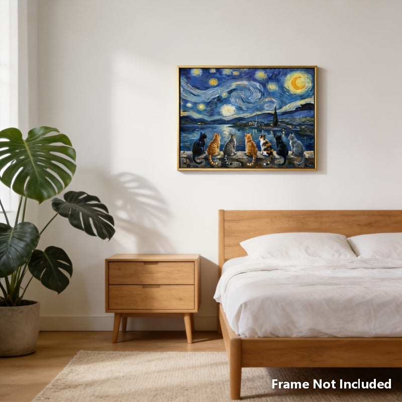 2D Flat, 2D Flat, Posters And Prints 1pc Unframed Van Gogh Starry Night Cats Canvas Wall Art Print, Funny Cats Watching Starry Sky Oil Painting Poster, Famous Artwork with Cats Parody Art, Halloween Decorations, Christmas Decorations