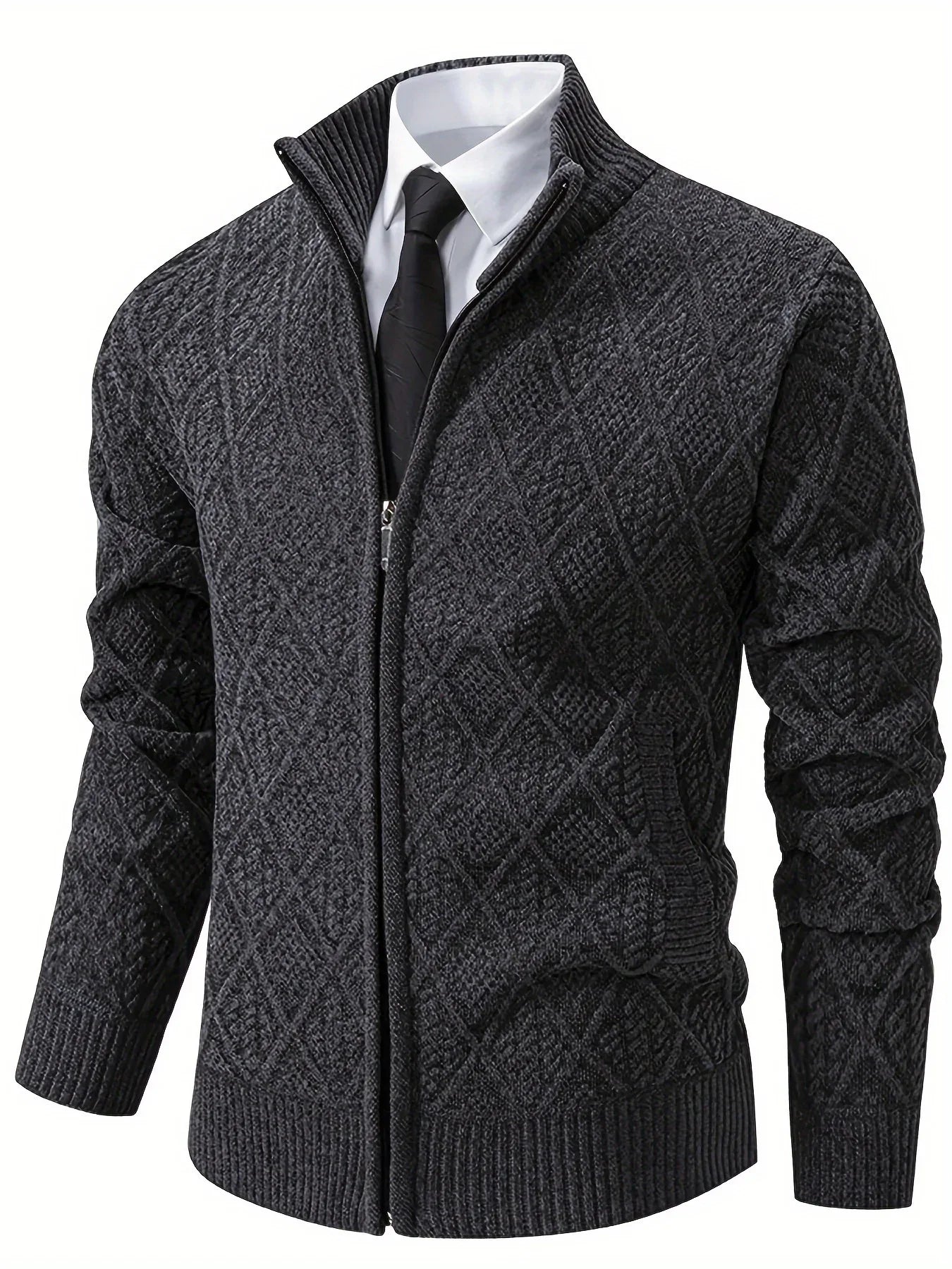 Men's Knitted Sweater Korean Style Autumn and Winter Trendy Casual Stand Collar Cardigan Jacket for Men, Comfortable and Versatile Rhombus Pattern