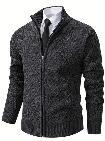 Men's Knitted Sweater Korean Style Autumn and Winter Trendy Casual Stand Collar Cardigan Jacket for Men, Comfortable and Versatile Rhombus Pattern