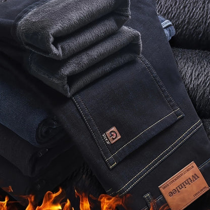 Men'S Heavy-Duty Thermal Faux Denim - Winter Warmth Thickened Pants with Straight-Leg Fit, Classic Blue Washed Look for Work, Casual & Formal Outfits - Non-Stretch Faux Denim for Cold Weather (Fall/Winter), Winter Faux Denim,