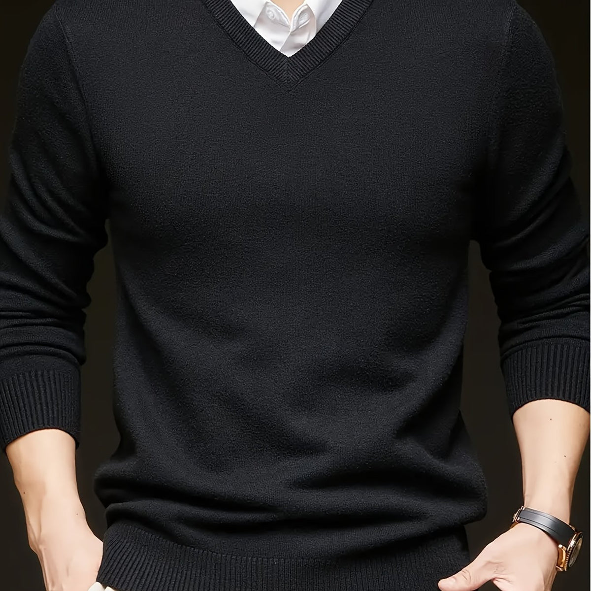 Cross-Border New Autumn Winter Men'S Solid Color V-Neck Knit Sweater Pullover (Men'S Warm Top) - Black / NZ 36