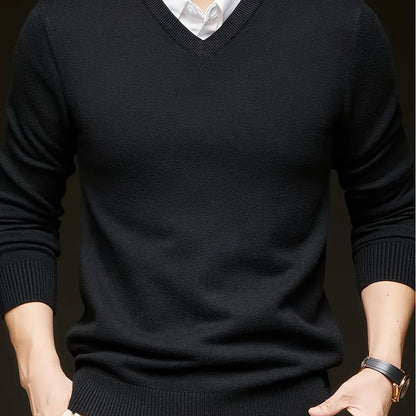 Cross-Border New Autumn Winter Men'S Solid Color V-Neck Knit Sweater Pullover (Men'S Warm Top) - Black / NZ 36