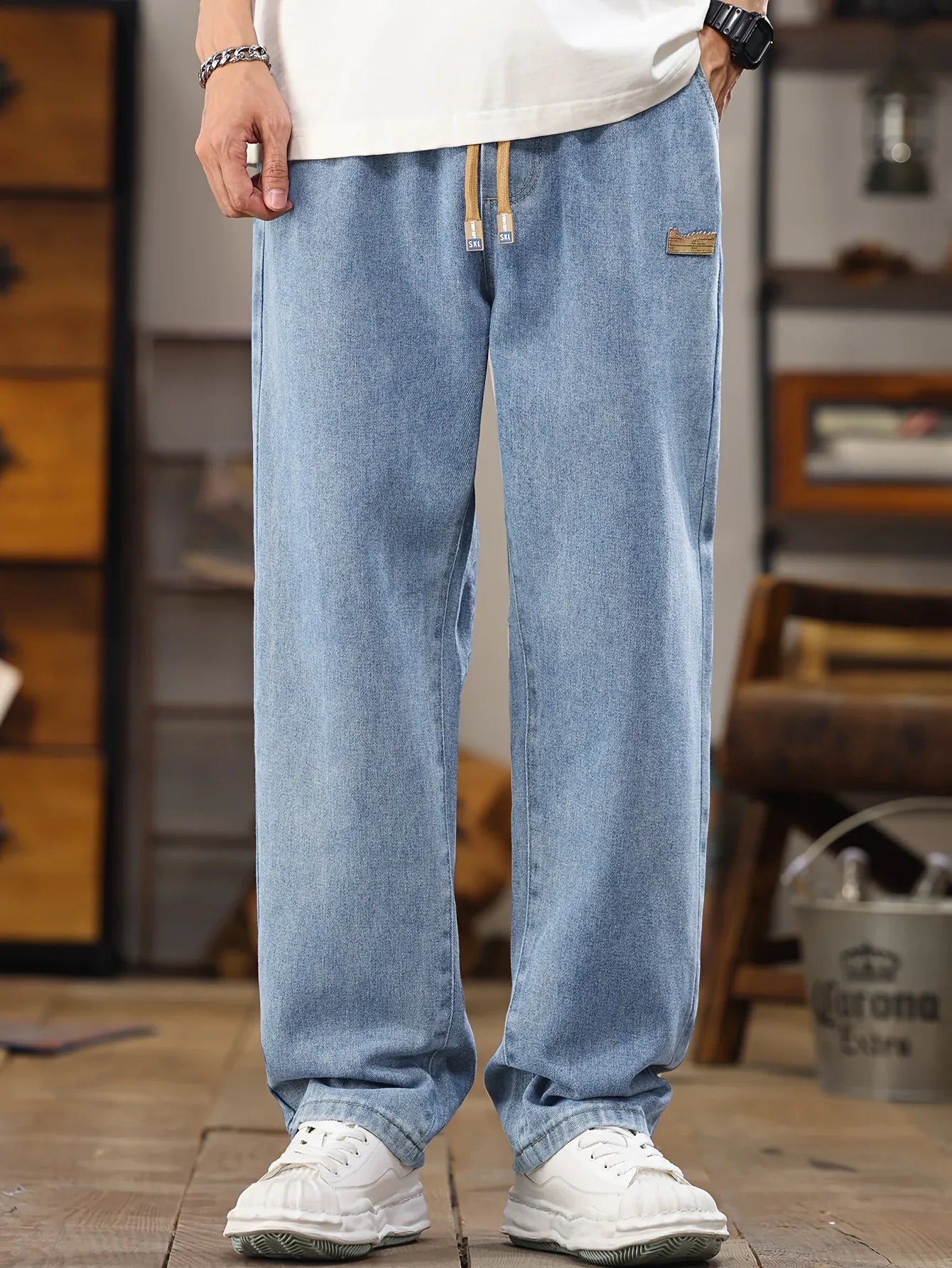 Men's Korean Style Light Blue Jeans 2025 Spring/Autumn New Washed Durable Comfortable Drawstring Straight-Leg Pants, Stylish and Versatile Casual Trousers Suitable for All Seasons by Gengyuan