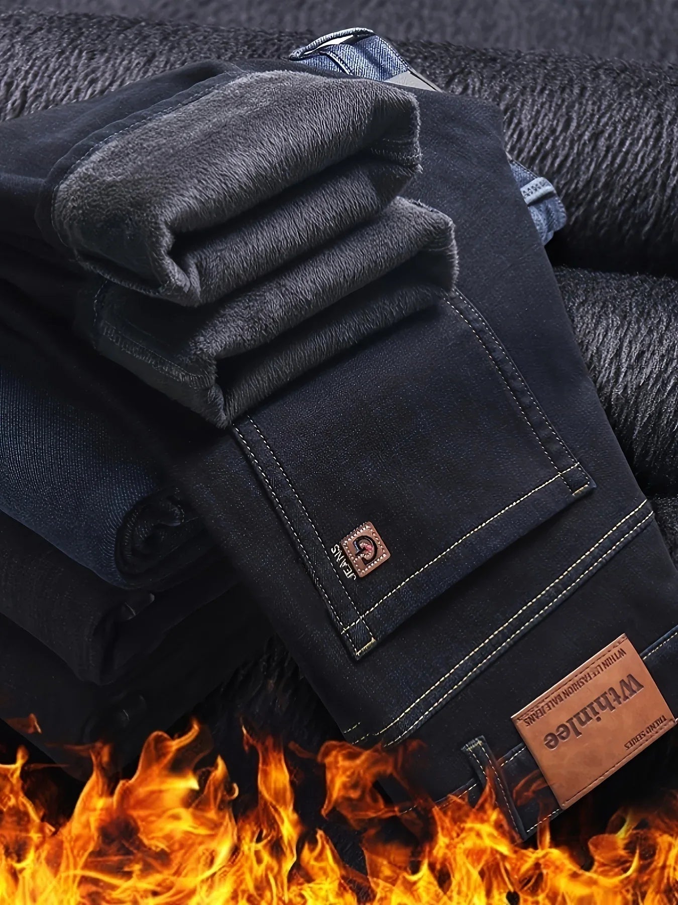 Men'S Heavy-Duty Thermal Faux Denim - Winter Warmth Thickened Pants with Straight-Leg Fit, Classic Blue Washed Look for Work, Casual & Formal Outfits - Non-Stretch Faux Denim for Cold Weather (Fall/Winter), Winter Faux Denim,
