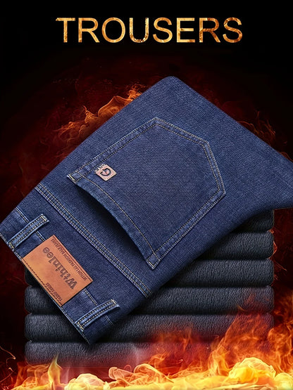 Men'S Heavy-Duty Thermal Faux Denim - Winter Warmth Thickened Pants with Straight-Leg Fit, Classic Blue Washed Look for Work, Casual & Formal Outfits - Non-Stretch Faux Denim for Cold Weather (Fall/Winter), Winter Faux Denim,