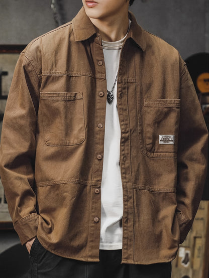 Men'S Cargo Shirt Spring Autumn Long Sleeve Top Vintage Workwear Style Multi-Pocket American Casual Top Outerwear, New Season