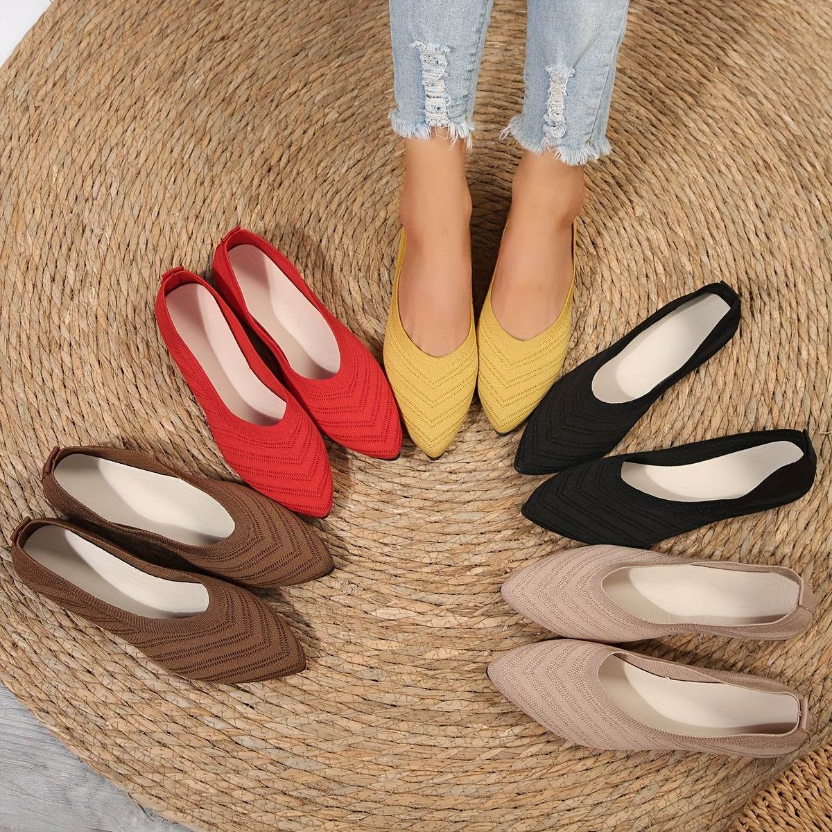 [Pointed Toe Breathable Flats] Women's Pointed Toe Flat Shoes, Solid Color Knitted Slip On Shoes, Casual Breathable Ballet Flats - Montero Milan