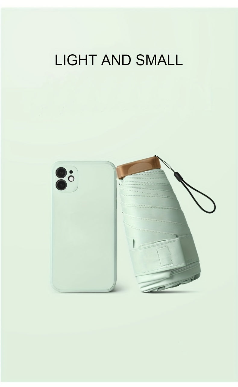 Compact 6-Rib Mini Folding Umbrella - Lightweight Durable Aluminum Alloy Handle & Frame, Manual Open/Close, Stylish Portable Design for Sun & Rain, Available in Pink, Blue, White, Gray - Cute Rain Gear with PVC Umbrella