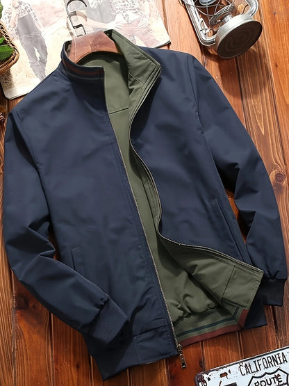 Men's Zip-Up Jacket with Stand Collar - Front Zipper Closure, Beige/ Navy Color Block, Lightweight Polyester Outer Coat for Casual & Formal Events - Machine Washable Everyday Outerwear