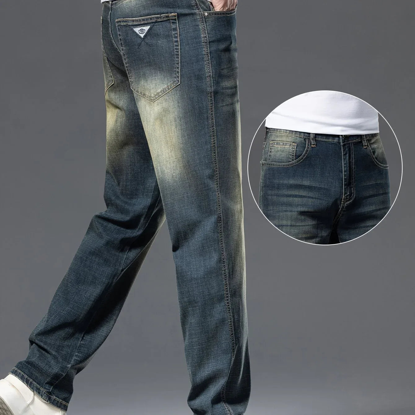 Gengyuanxi High-End Summer Men's Jeans: New Trendy Straight-Leg Stretch Business Casual Long Pants
