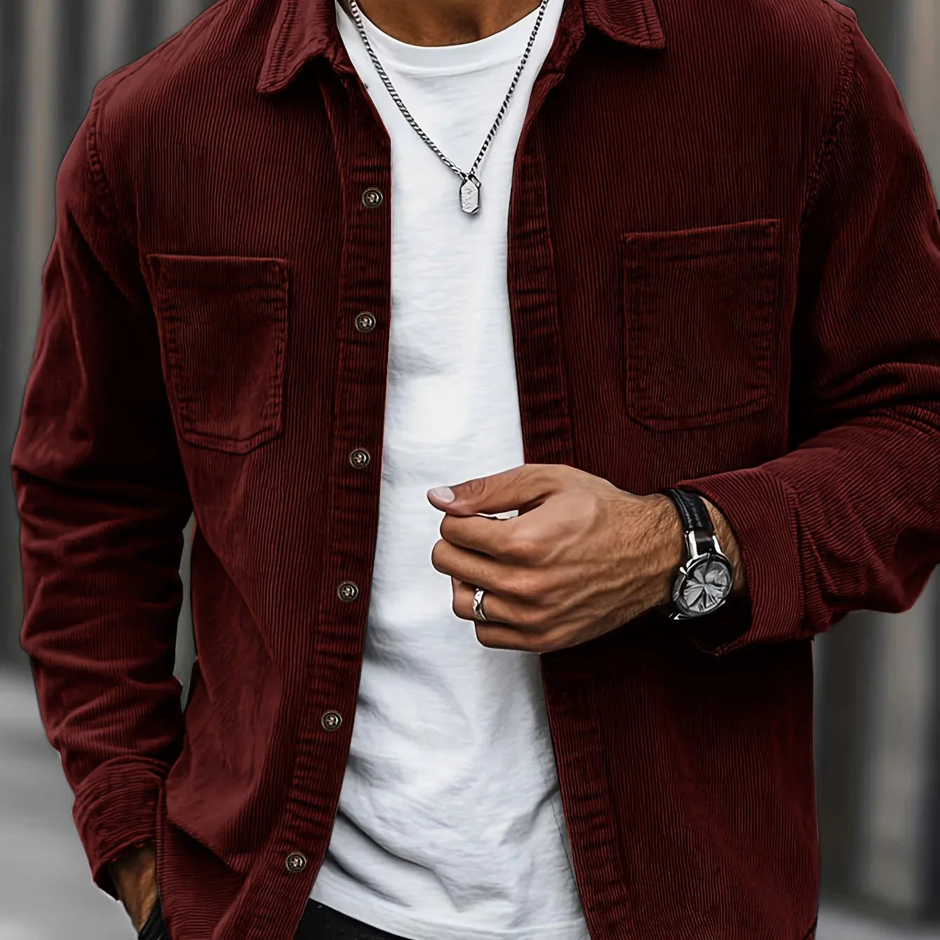 Men'S Corduroy Casual Shirt Jacket - Classic Collar, Button-Up Long Sleeve with Double Chest Pockets, Light Blue, Perfect for Spring & Fall, Everyday Fashion, Street Style, and Office Wear