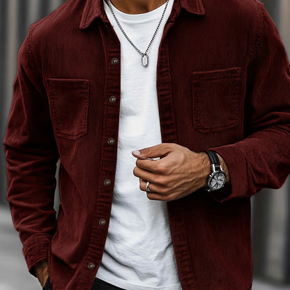 Men'S Corduroy Casual Shirt Jacket - Classic Collar, Button-Up Long Sleeve with Double Chest Pockets, Light Blue, Perfect for Spring & Fall, Everyday Fashion, Street Style, and Office Wear