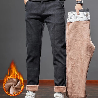 Men's Slim-Fit Plaid Casual Pants - Stretchy, Warm Fleece-Lined for Fall/Winter, Machine Washable