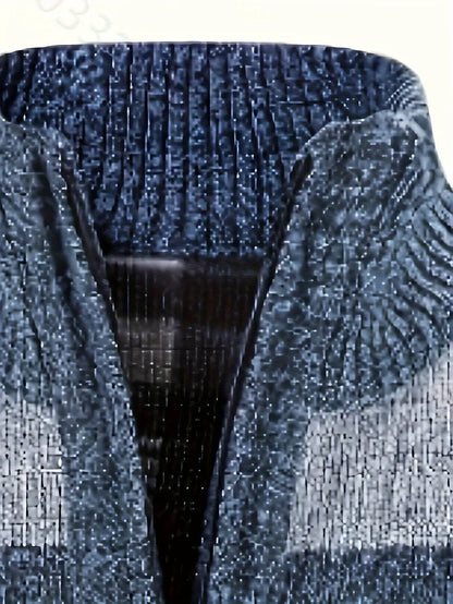Men's Thermal Fleece-Lined Sport Knit Sweater with Zipper Pockets - Ethnic Wave Pattern, Stand Collar, Long Sleeve for Hiking, Cycling & Casual Winter Wear - Father’s Day Gift, Winter Knit Fabric