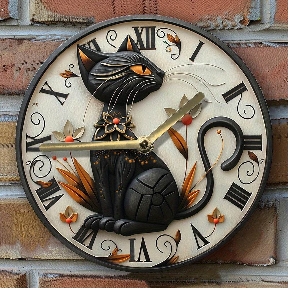 Silent Aluminum Wall Clock with Black Cat Design - Montero Milan