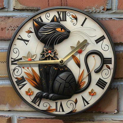 Silent Aluminum Wall Clock with Black Cat Design - Montero Milan
