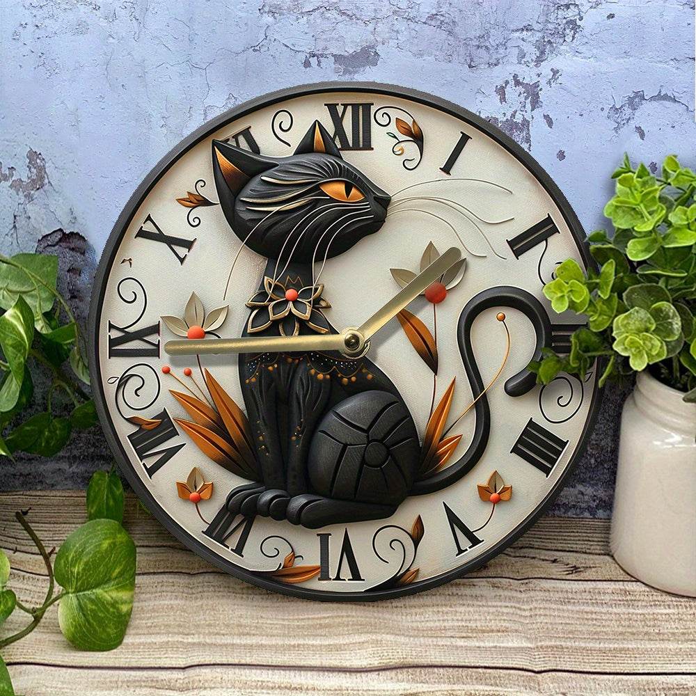 Silent Aluminum Wall Clock with Black Cat Design - Montero Milan
