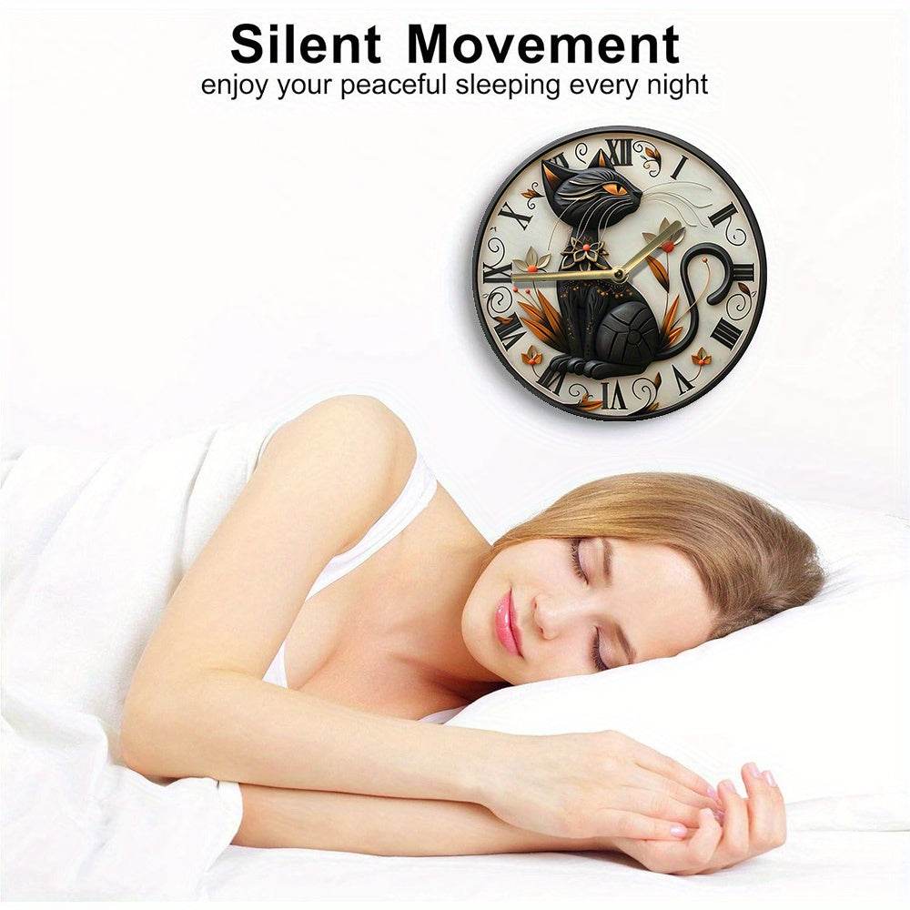 Silent Aluminum Wall Clock with Black Cat Design - Montero Milan