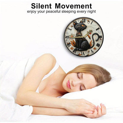 Silent Aluminum Wall Clock with Black Cat Design - Montero Milan