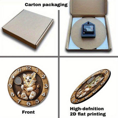 Charming Kitten Badminton Wooden Wall Clock Silent Decor - Montero Milan