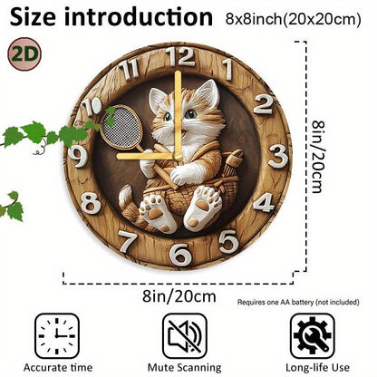 Charming Kitten Badminton Wooden Wall Clock Silent Decor - Montero Milan