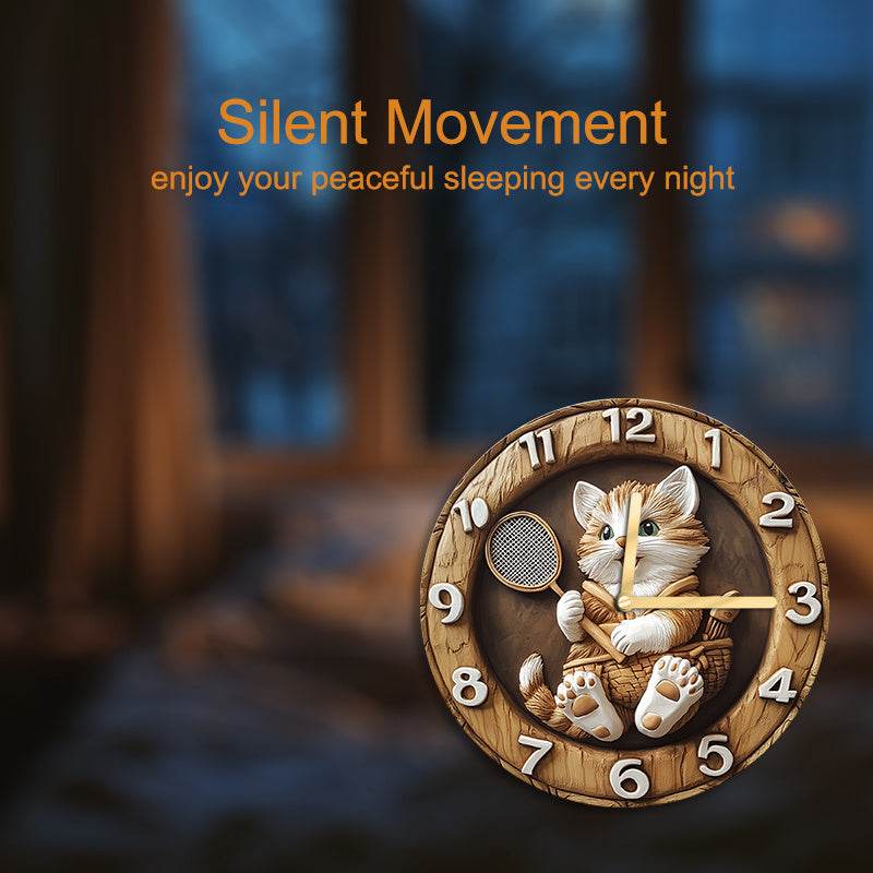 Charming Kitten Badminton Wooden Wall Clock Silent Decor - Montero Milan