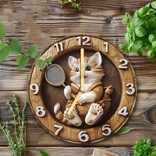 Charming Kitten Badminton Wooden Wall Clock Silent Decor - Montero Milan