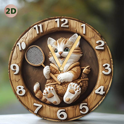 Charming Kitten Badminton Wooden Wall Clock Silent Decor - Montero Milan
