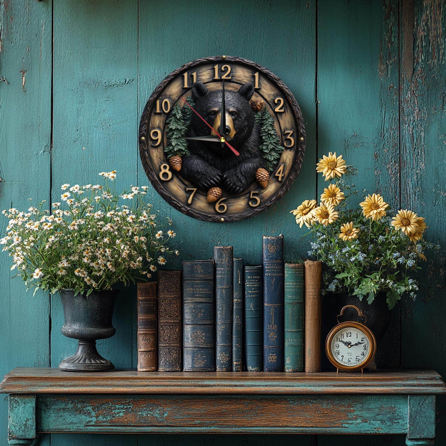 Silent Vintage Black Bear Wooden Wall Clock - Montero Milan