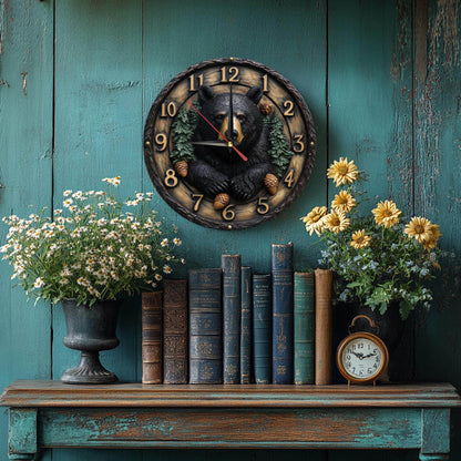 Silent Vintage Black Bear Wooden Wall Clock - Montero Milan
