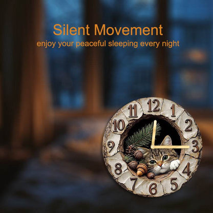 Silent Cat Wall Clock with Plush Toy Decor - Montero Milan