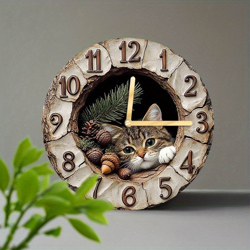 Silent Cat Wall Clock with Plush Toy Decor - Montero Milan