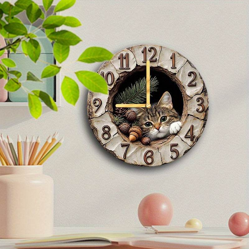 Silent Cat Wall Clock with Plush Toy Decor - Montero Milan