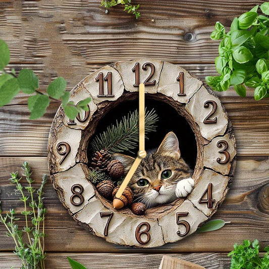 Silent Cat Wall Clock with Plush Toy Decor - Montero Milan