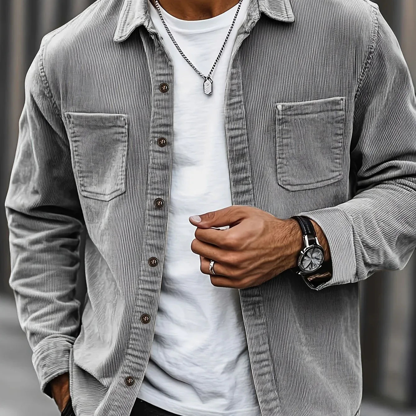 Men'S Corduroy Casual Shirt Jacket - Classic Collar, Button-Up Long Sleeve with Double Chest Pockets, Light Blue, Perfect for Spring & Fall, Everyday Fashion, Street Style, and Office Wear