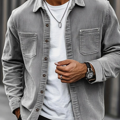 Men'S Corduroy Casual Shirt Jacket - Classic Collar, Button-Up Long Sleeve with Double Chest Pockets, Light Blue, Perfect for Spring & Fall, Everyday Fashion, Street Style, and Office Wear