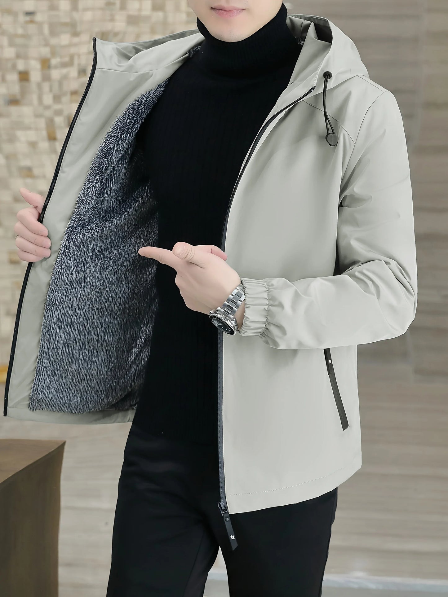 Men'S Heavy-Duty Fleece Jacket - Windproof Zip-Up Coat with Full-Zip Closure, Hooded Winter Coat for Cold Weather, Non-Stretch Fabric for Everyday & Formal Events