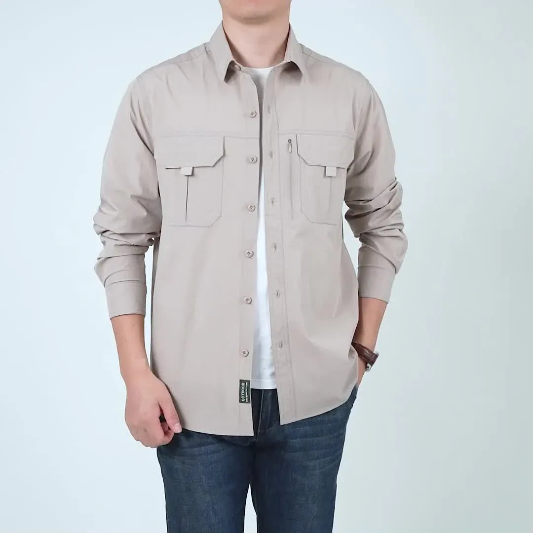 Spring And Autumn Casual Men's Long Sleeve Sunscreen Quick-drying Shirt With Multi-pockets For Outdoor Fishing