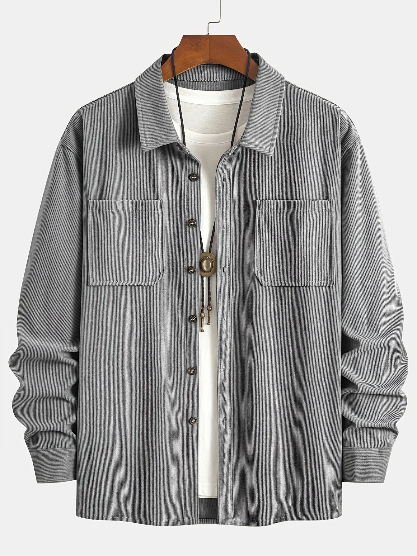 Men'S Corduroy Casual Shirt Jacket - Classic Collar, Button-Up Long Sleeve with Double Chest Pockets, Light Blue, Perfect for Spring & Fall, Everyday Fashion, Street Style, and Office Wear