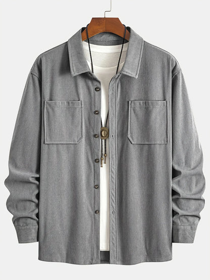 Men'S Corduroy Casual Shirt Jacket - Classic Collar, Button-Up Long Sleeve with Double Chest Pockets, Light Blue, Perfect for Spring & Fall, Everyday Fashion, Street Style, and Office Wear