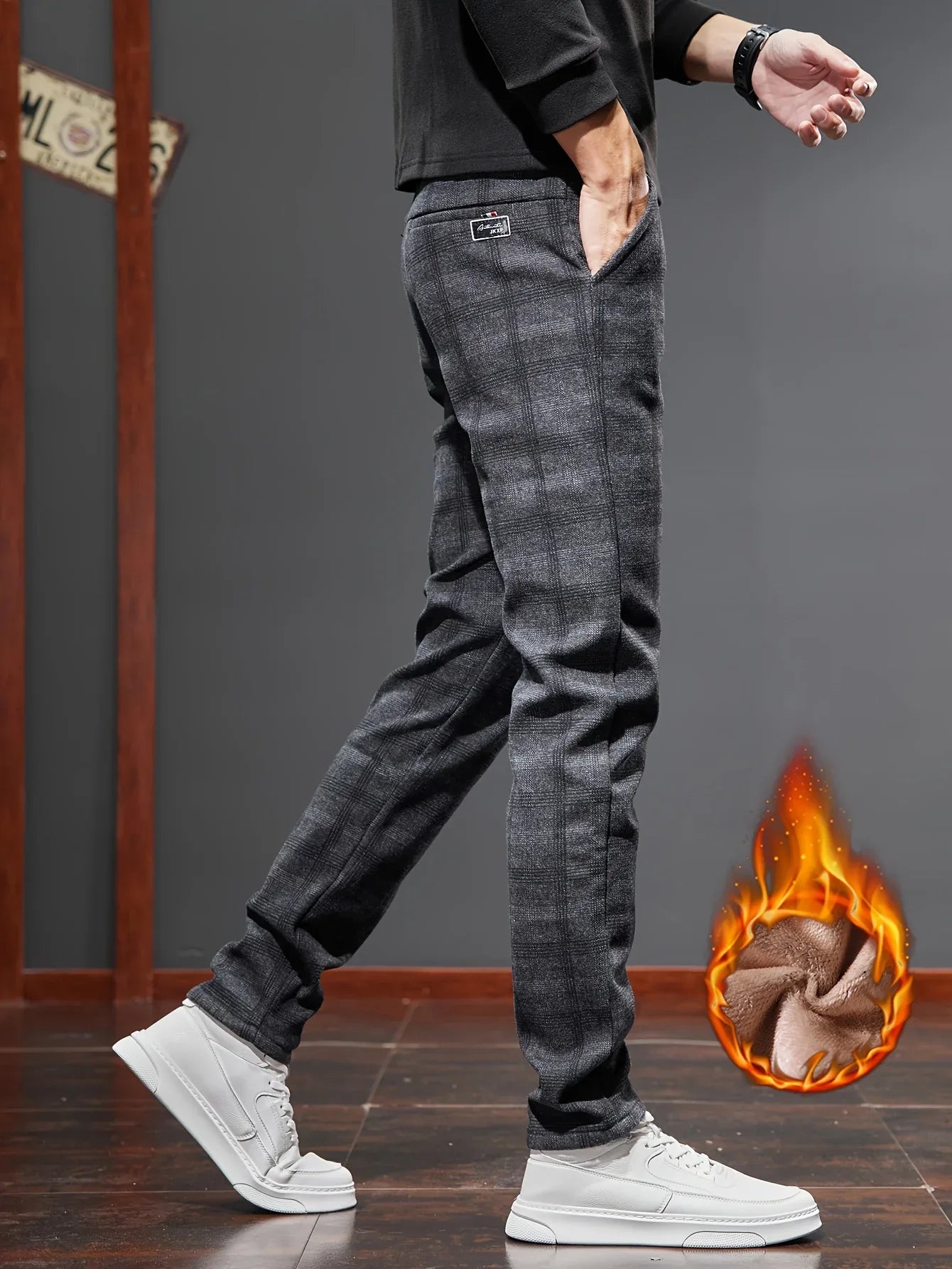 Men's Slim-Fit Plaid Casual Pants - Stretchy, Warm Fleece-Lined for Fall/Winter, Machine Washable