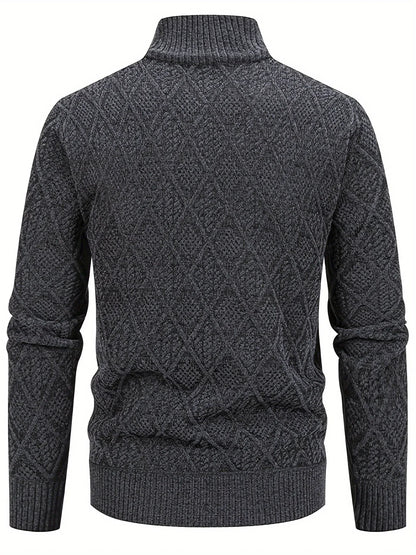 Men's Knitted Sweater Korean Style Autumn and Winter Trendy Casual Stand Collar Cardigan Jacket for Men, Comfortable and Versatile Rhombus Pattern