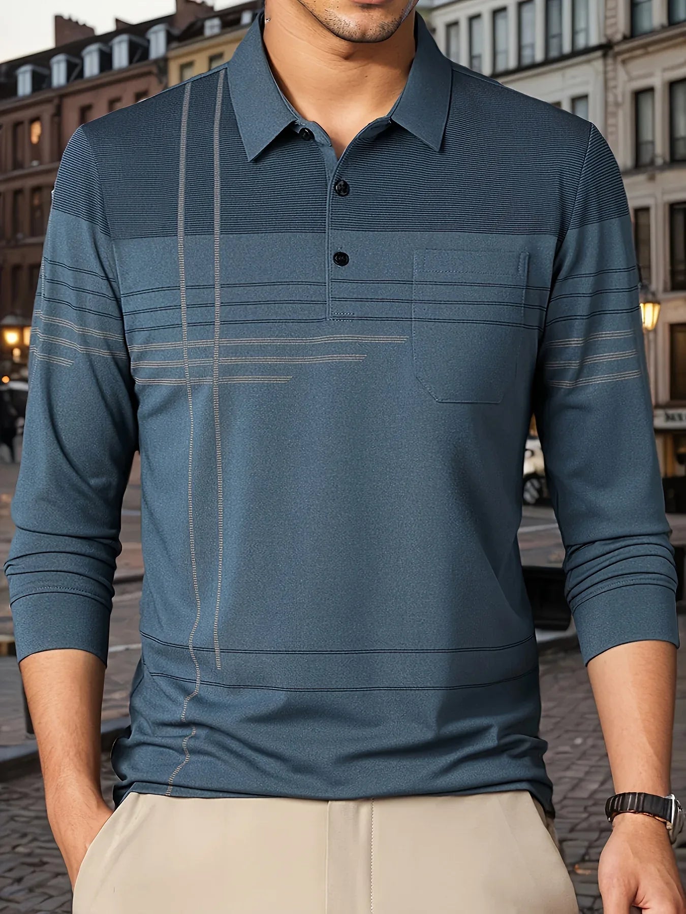 Men's Vintage-Inspired Striped Shirt with Chest Pocket - Breathable, Long Sleeve, Button Detail for Golf & Outdoor Activities