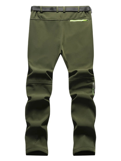 Men's Warm Windproof Cargo Pants with Belt & Zippered Pockets - Olive Green, Black & Yellow Accents, Perfect for Winter Outdoor Activities & Casual Wear, Winter Clothes