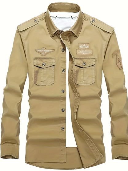 Autumn Long Sleeve Shirt for Men, Outdoor Plus Size Military Style Loose Fit Top, Pure Cotton High-Density Twill Casual Workwear Shirt, Thin Twill Long Sleeve Workwear