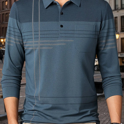 Men's Vintage-Inspired Striped Shirt with Chest Pocket - Breathable, Long Sleeve, Button Detail for Golf & Outdoor Activities