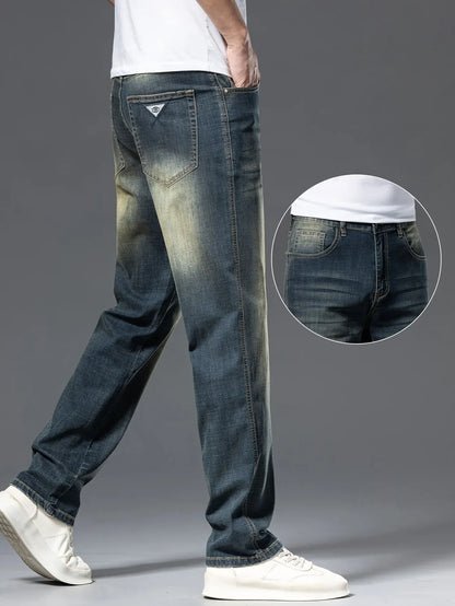 Gengyuanxi High-End Summer Men's Jeans: New Trendy Straight-Leg Stretch Business Casual Long Pants