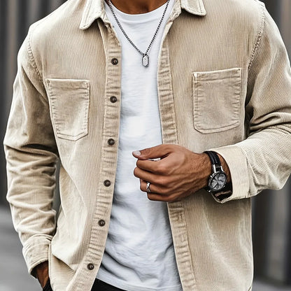 Men'S Corduroy Casual Shirt Jacket - Classic Collar, Button-Up Long Sleeve with Double Chest Pockets, Light Blue, Perfect for Spring & Fall, Everyday Fashion, Street Style, and Office Wear