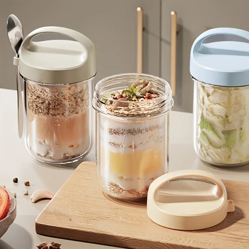 Glass Yogurt Cup with a Wide Mouth, Sealed Jar for Overnight Oats, Smoothie Cup, And a Breakfast Cup for Grains with a Spoon.